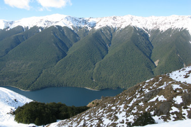 View of the snow-tipped Saint Arnaud Range within Nelson Lakes Natonal Park