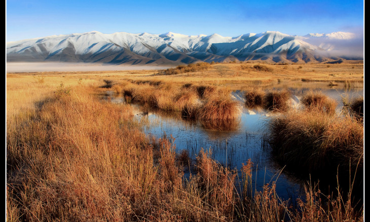 View of the grasslands and mountains of the Mackenzie Country