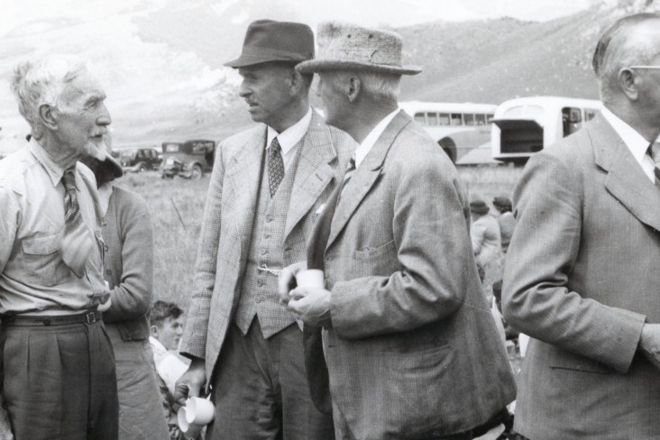 Arthur Harper (third from right) with Lance McCaskill (centre), visiting one acre of land next to Castle Hill Forest Reserve, Canterbury, that was donated to the Society (1949) 