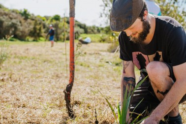 Hipster kneeling down planting a tree outside.