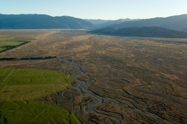 Aerial view of Mackenzie Country showing irrigated farmland