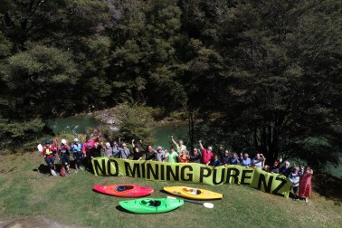 No Mining Pure NZ banner held by protesters in Mt Richmond on 30 Oct 2022