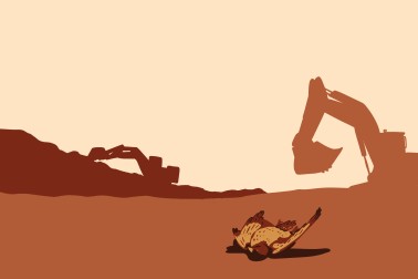 Red/orange graphic design of earthmover and dead bird