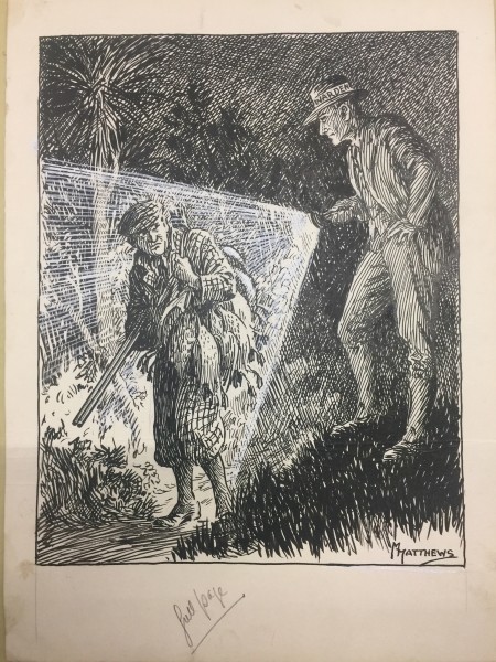 “The light he abhors but rarely meets” Anti-poaching cartoon commissioned by Forest & Bird, published May 1938. Image Marmaduke Matthews