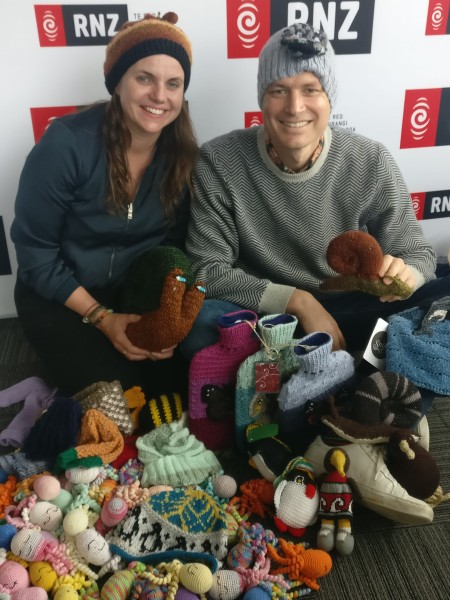 Nicola and Jesse with some of the Knit-a-Critter competition entries. Image supplied