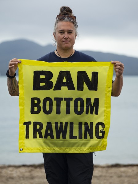 Bianca Ranson, Hauraki Gulf Coordinator at the Ban Bottom Trawling flotilla event in April 2023. Image Bryce Groves, Greenpeace
