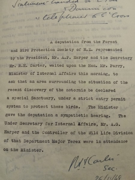 Forest & Bird press release about its “deputation” consisting of President Arthur Harper and Secretary Robert Carter, who visited Minister Parry to advocate for a takahē sanctuary, November 1948.