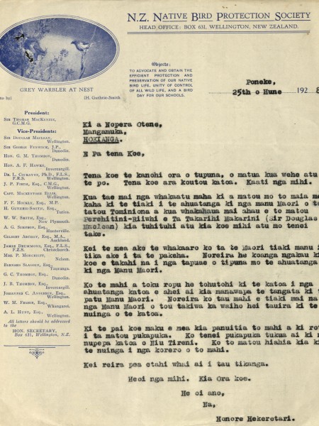 Letter from Sanderson to Otene in te reo in 1928. Image Forest & Bird archives