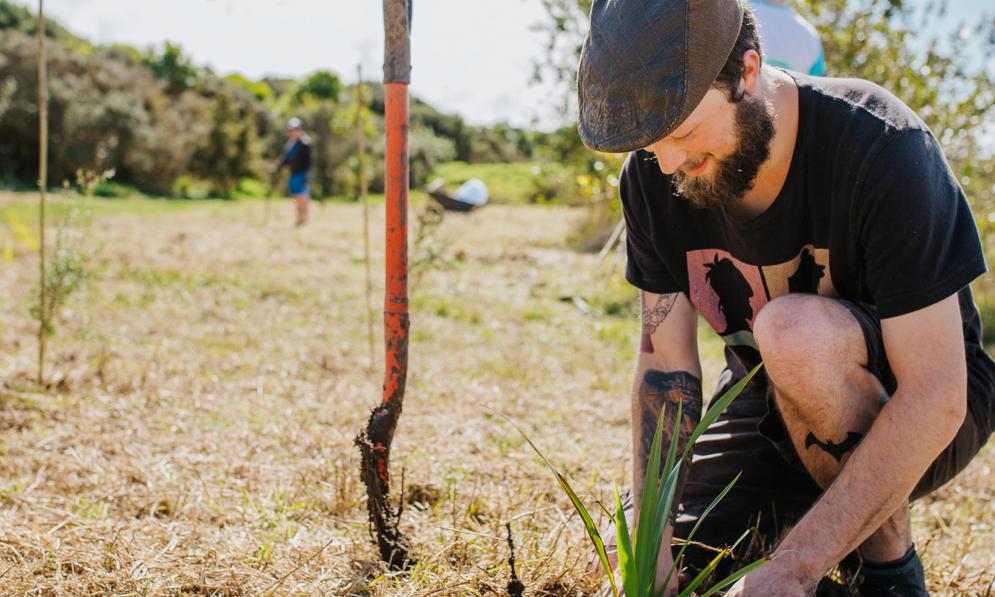 Hipster kneeling down planting a tree outside.