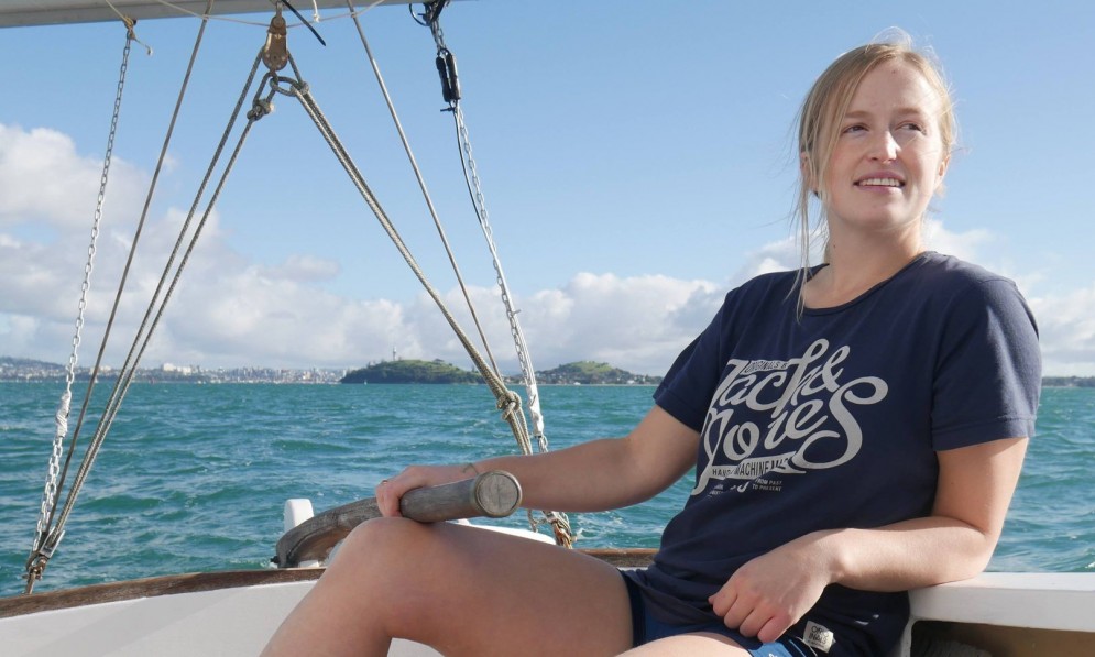 Forest & Bird youth leader and board member, Kaya Freeman, sailing in the Hauraki Gulf, Tāmaki Makaurau Auckland