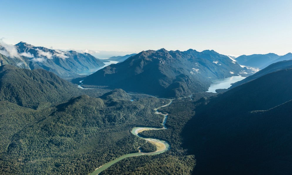 Looking down the Hollyford Valley to the Tasman Sea. Credit Hollyford Wilderness Experience