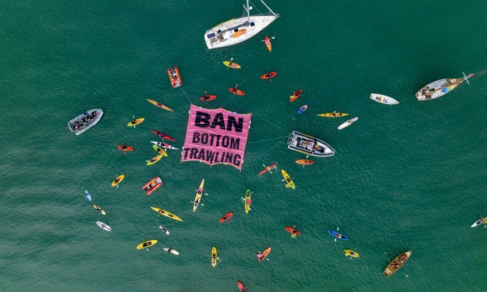 A bird's eye view of kayaks and boats on the water surrounding a giant bright pink banner with the words 'Ban Bottom Trawling'