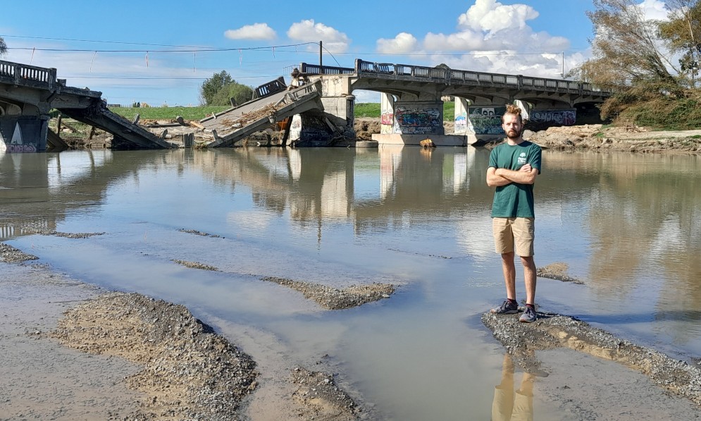 Tom Kay, Forest & Bird Freshwater Advocate, near Redclyffe Bridge after Cyclone Gabrielle. Image Chantal Pagel