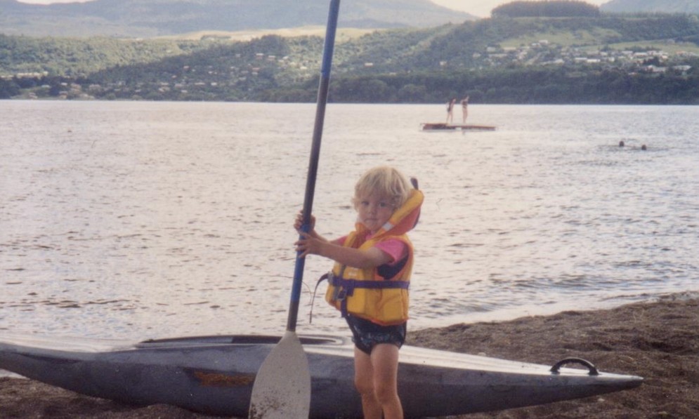 Tom Kay, aged two, testing out his paddling ability, Lake Taupō, 1997. Image supplied