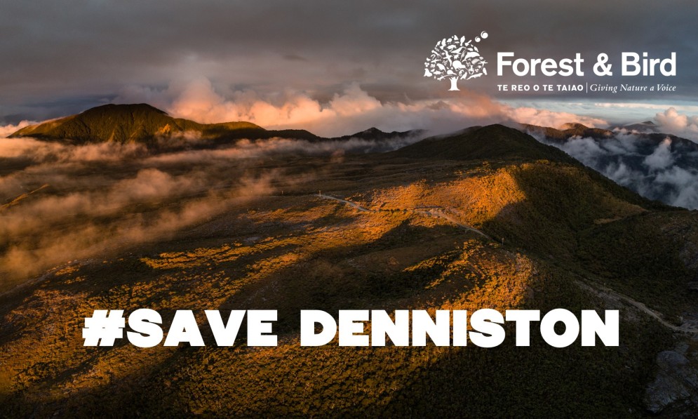 An orange landscape of the Denniston plateau with the forest and bird logo and #save denniston as a message