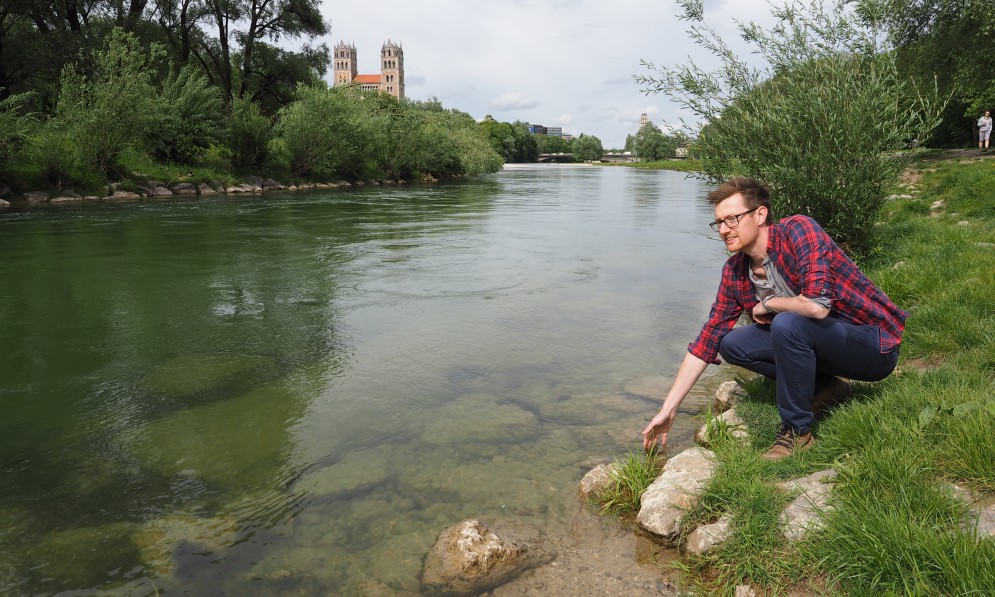 Wild Cities author Chris Fitch next to the restored River Isar, Munich. Image supplied