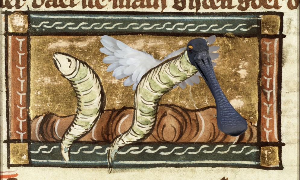 An ancient mural from 1340 depicting wraiths gliding, with one of the wraith's faces replaced by a royal spoonbill's face