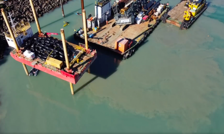 Sediment plumes around the Kennedy Point Marina Construction site on Waiheke