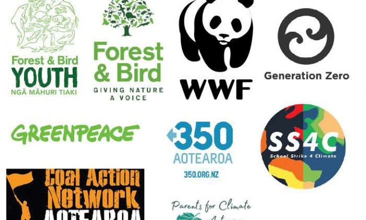 logos of WWF, Generation Zero, 350 Aotearoa, Coal Action Aotearoa, Parents for climate action, school strike 4 climate & Forest & Bird