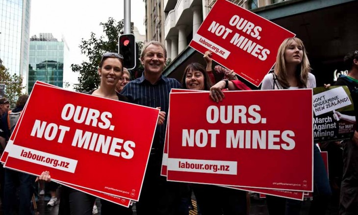 Jacinda Ardern & Phil Goff at an anti-mining protest on Queen St in May 2010