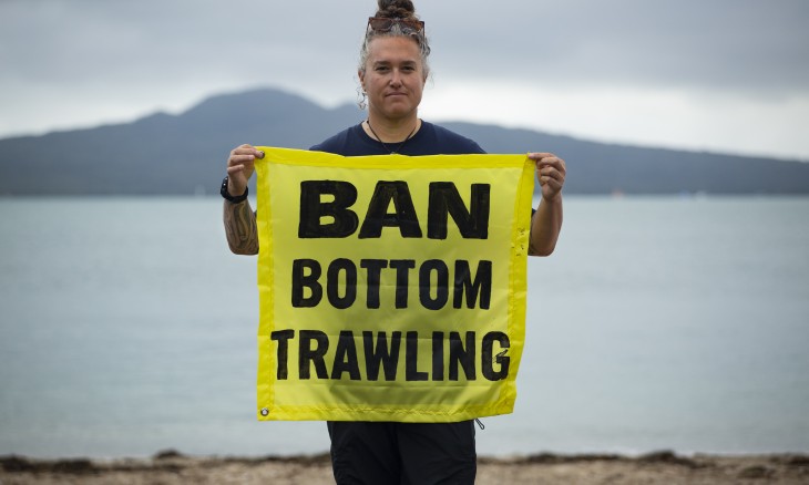 Bianca Ranson, Hauraki Gulf Coordinator at the Ban Bottom Trawling flotilla event in April 2023. Image Bryce Groves, Greenpeace