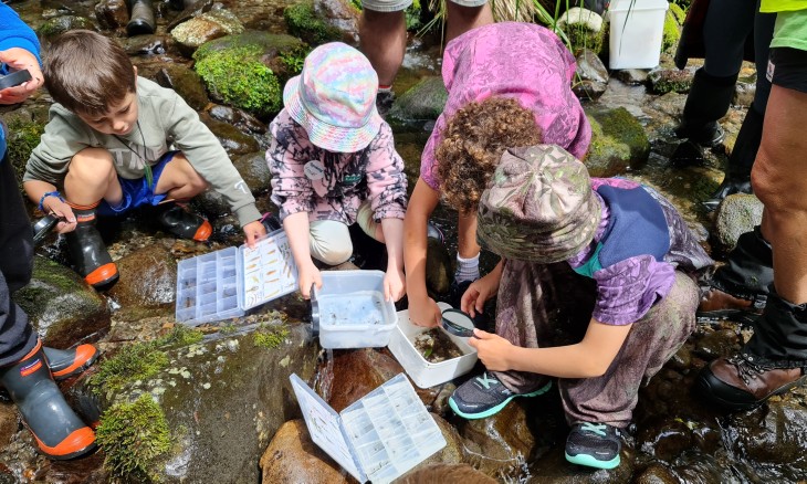 Children testing health of freshwater