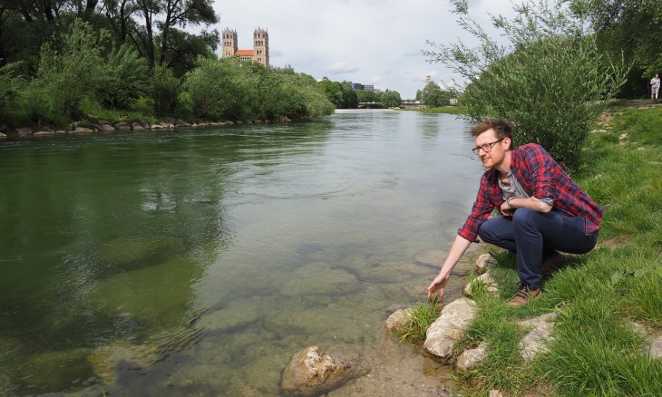 Wild Cities author Chris Fitch next to the restored River Isar, Munich. Image supplied