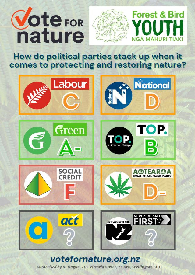 A voter scorecard for environment issues: Labour C, National D, Green party A-, TOP B