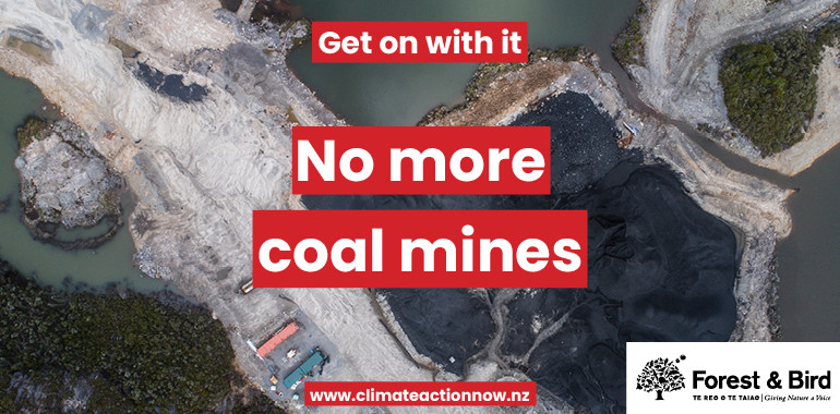 open cast coal mine with text: No more coal mines