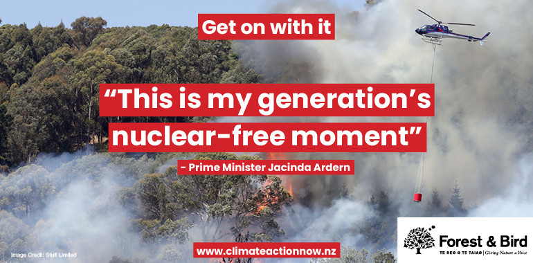 A forest fire in Nelson with text: "This is my generation's nuclear free moment" Prime Minister Jacinda Ardern