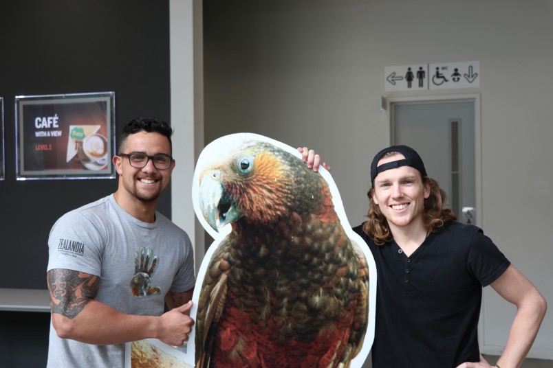 Darren with colleague Cam at ZEALANDIA promoting Kaka as Bird of the Year in 2016