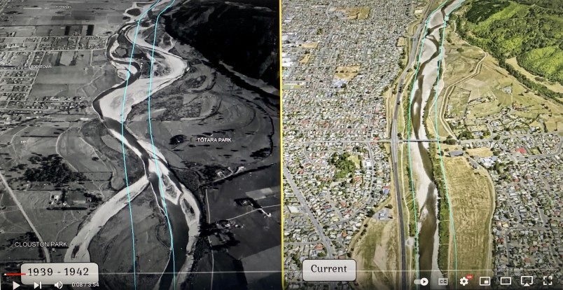 The natural flow of the Hutt River has been constrained by urban development over the past 80 years. Still from video. Wellington Regional Council