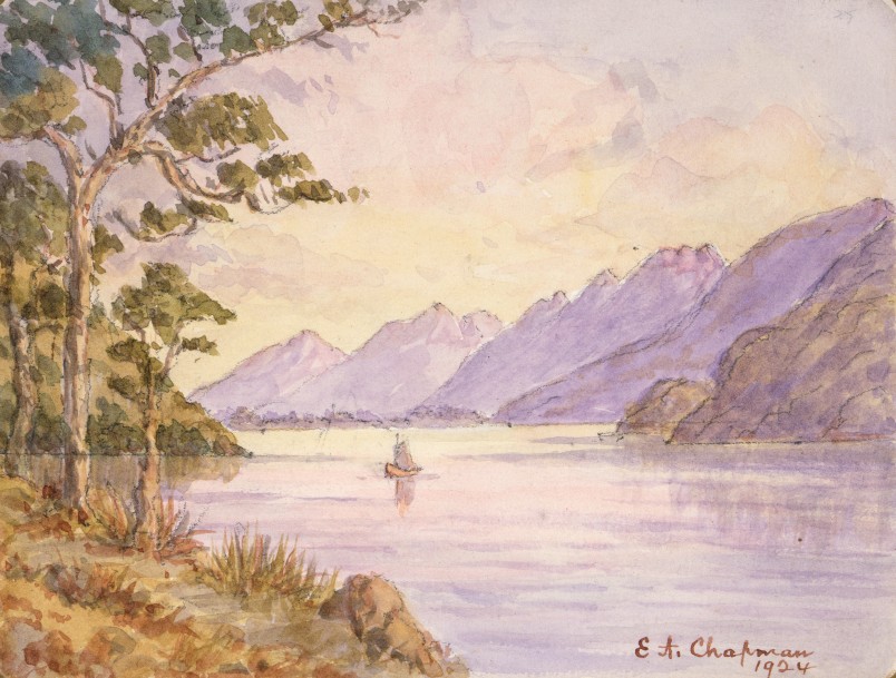 Lake McKerrow painted by Ernest Chapman in 1924. Credit Alexander Turnbull Library.