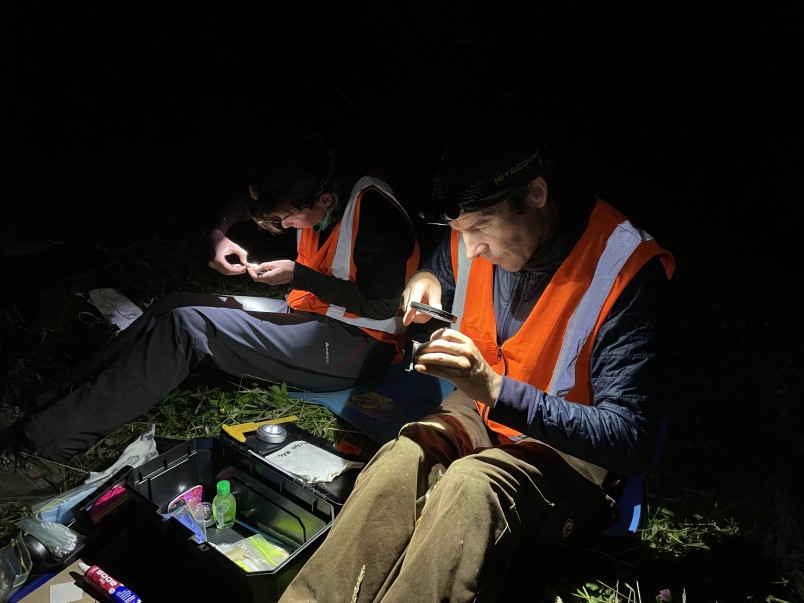 Jen Waite (left) and Grant Maslowski take body measurements and sex the bats. Image Connor Wallace