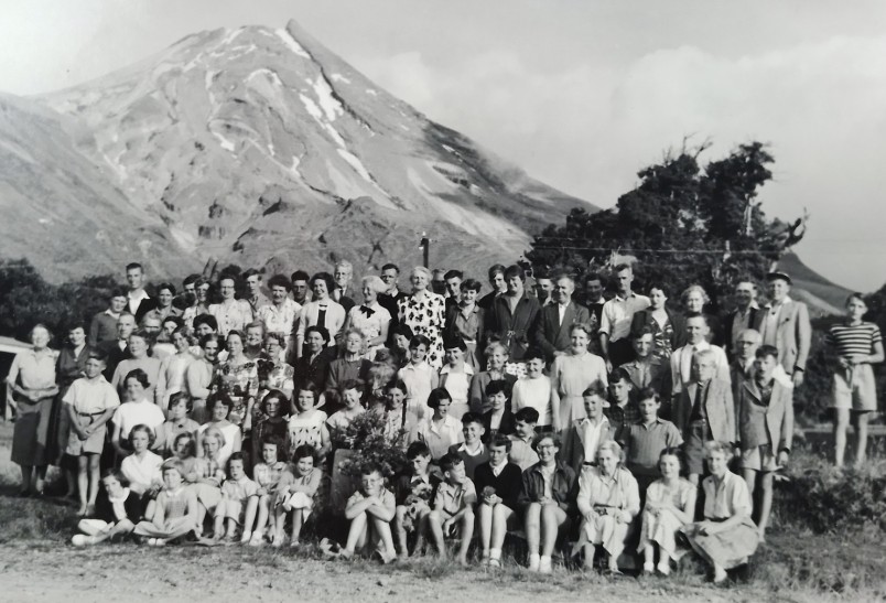 Amy Hodgson and Violet Rucroft at a Forest & Bird family camp at Dawson Falls 1955. Image John Salmond collection