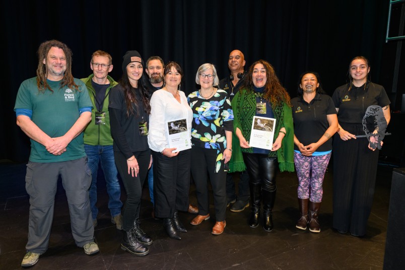 Kōtuku Award winners 2023, Raukūmara Pae Maunga (with Eugenie Sage, MP, centre; and Dean Baigent Mercer, Forest & Bird's Regional Conservation Manager Northland, far left)