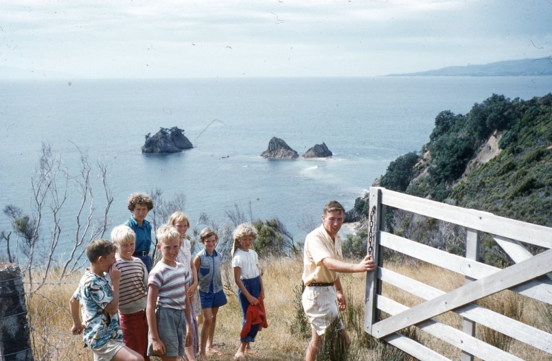 Junior members of Forest & Bird with their teacher Alistair McDonald, Waiheke Island, late 1950s. Image supplied.