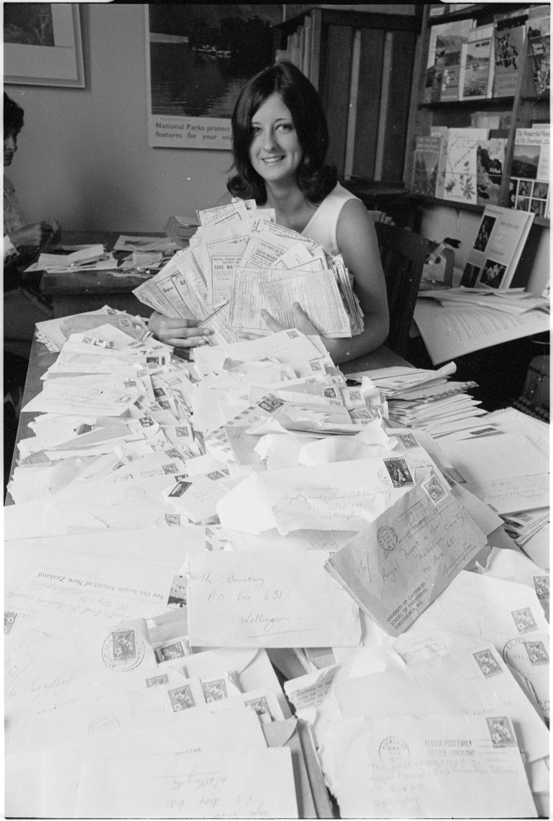 Christine Foxall sorting Manapouri petition forms that were arriving at a rate of 4000 to 5000 a day in 1970. Image Alexander Turnbull Library