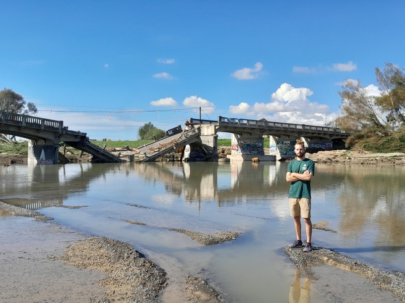 Tom Kay by collapsed Redclyffe Bridge in river flood