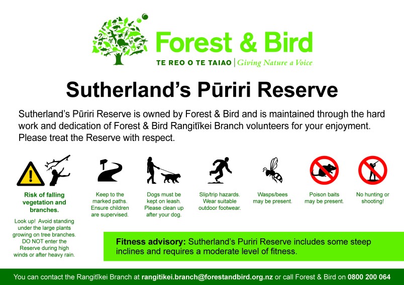 Health & Safety information for Sutherland's Pūriri Reserve