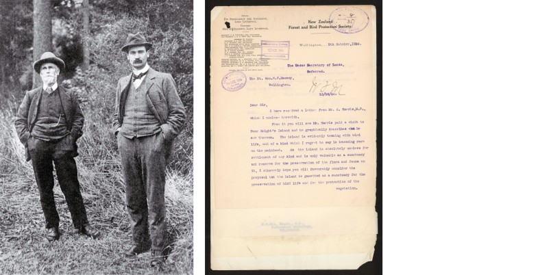 Dr Leonard Cockayne and Harry Ell 1904 (left, courtesy of Christchurch library) and Harry Ell's 1914 letter to the Prime Minister urging the preservation of the Poor Knights Island (right).