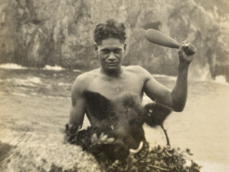 Mahanga, a young Māori pig hunter on Tawhiti Poor Knights Islands, 1924. Photo taken by Forest & Bird William Fraser during an expedition to remove pigs from the islands to protect rare birds, snails and native lizards.
